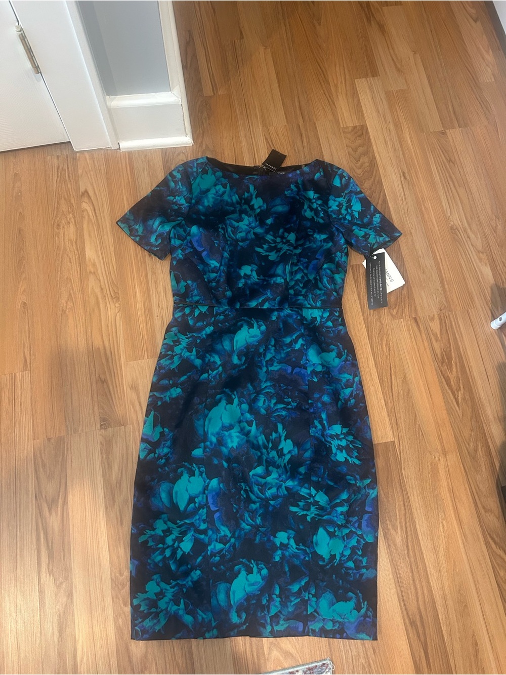 Tahari Teal & Navy Floral Midi Dress